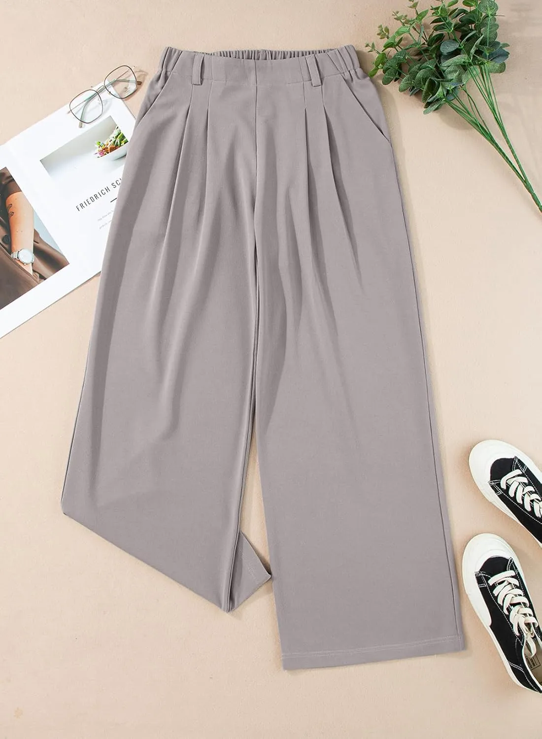EVALESS Women's Wide Leg Pants Elastic High Waisted Waffle Knit Casual Palazzo Pants Trousers with Pockets