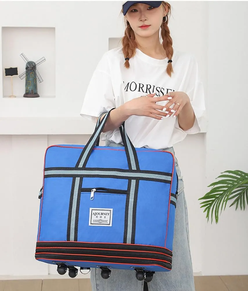 Expandable Extra Large Travel Oxford Duffel Bag with Wheels Waterproof Lightweight Traveling Foldable Suitcase (Blue, L*W: 48 * 25cm, H:4280cm)