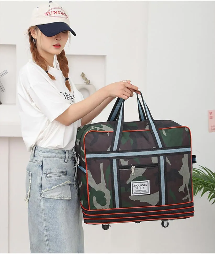 Expandable Extra Large Travel Oxford Duffel Bag with Wheels Waterproof Lightweight Traveling Foldable Suitcase (Camo)