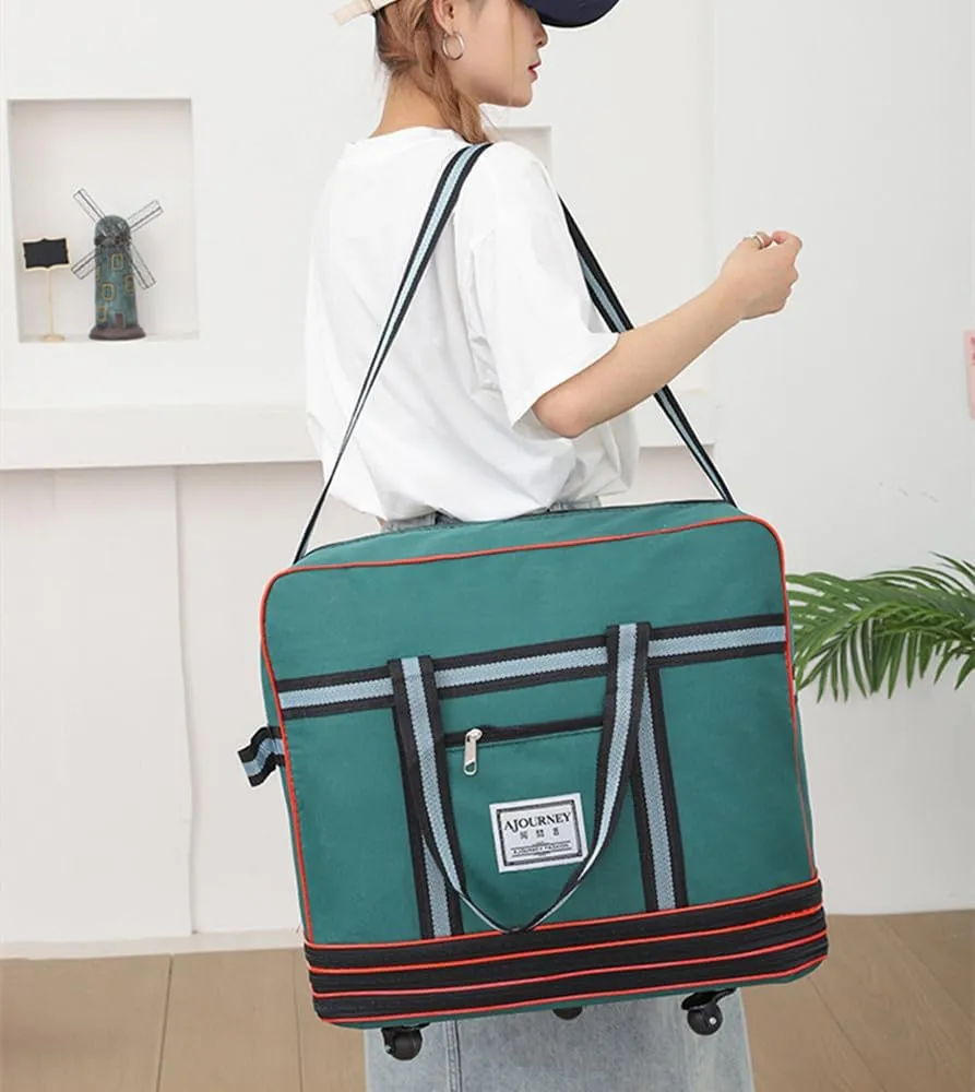 Expandable Extra Large Travel Oxford Duffel Bag with Wheels Waterproof Lightweight Traveling Foldable Suitcase (Green)