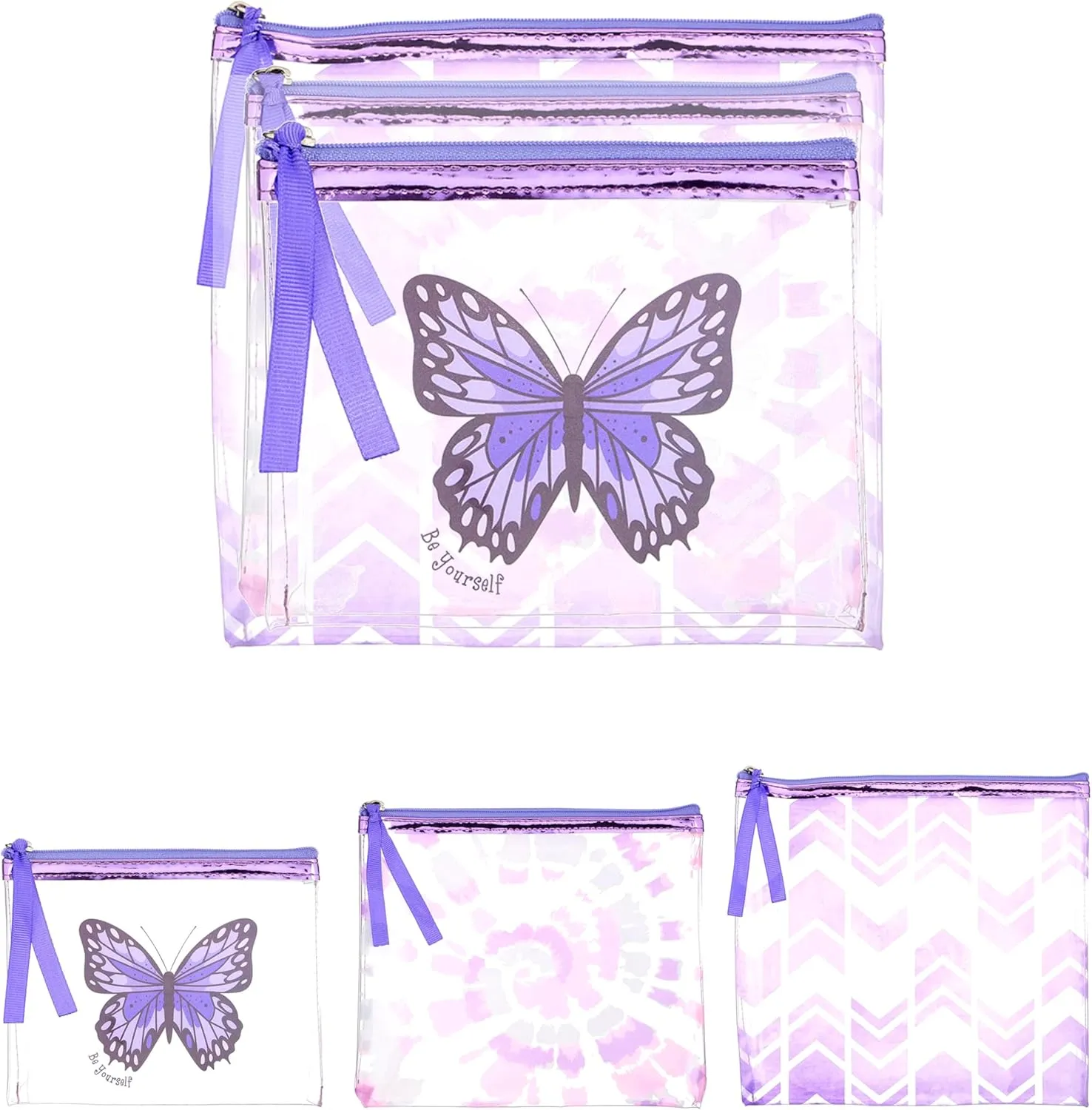 EXPRESSIONS 3pc Cosmetic Pouch Set - Premium Water-Resistant, Reusable, Travel-Friendly Makeup Organize Bag Set in Purple Metallic Value Pack