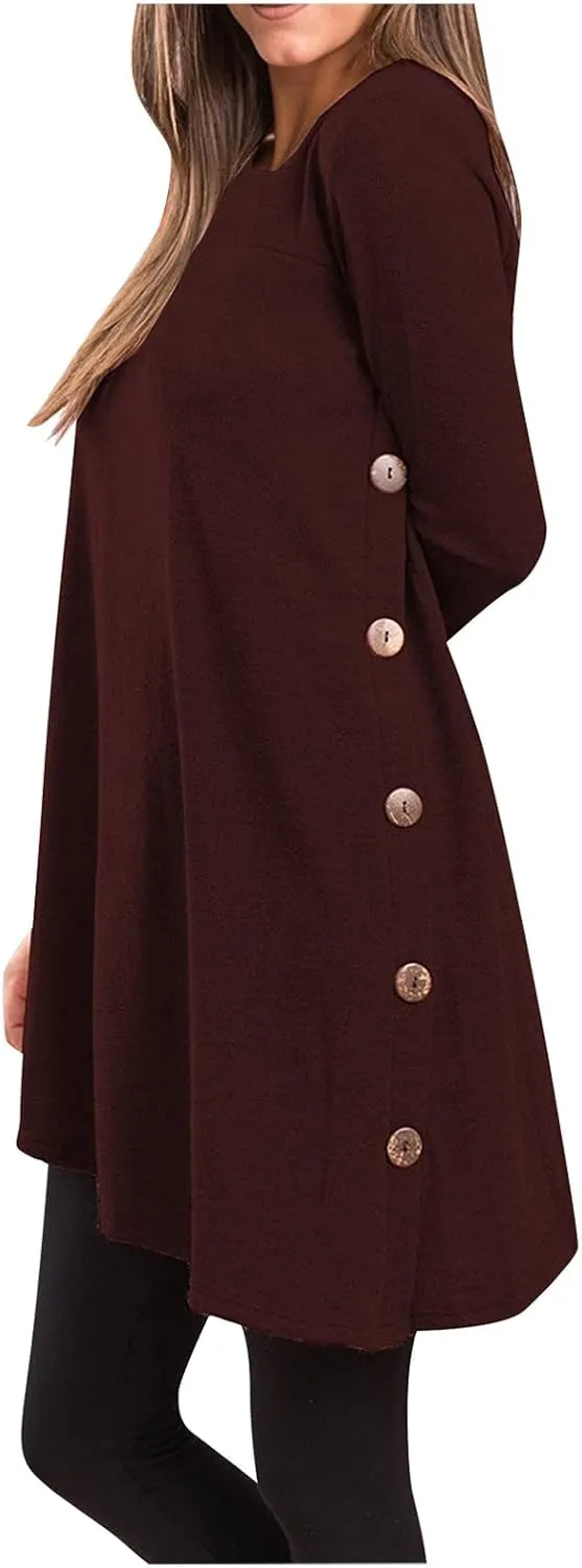 Fall Dresses for Women 2022, Women's Long Sleeve Scoop Neck Button Side t Shirt Casual Swing Loose Fit Tunic Dress