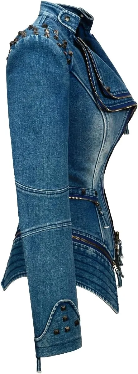 Fashion SX Womens Rivet Faux Leather Jacket Zipper Moto Biker Denim coat Motorcycle Outwear