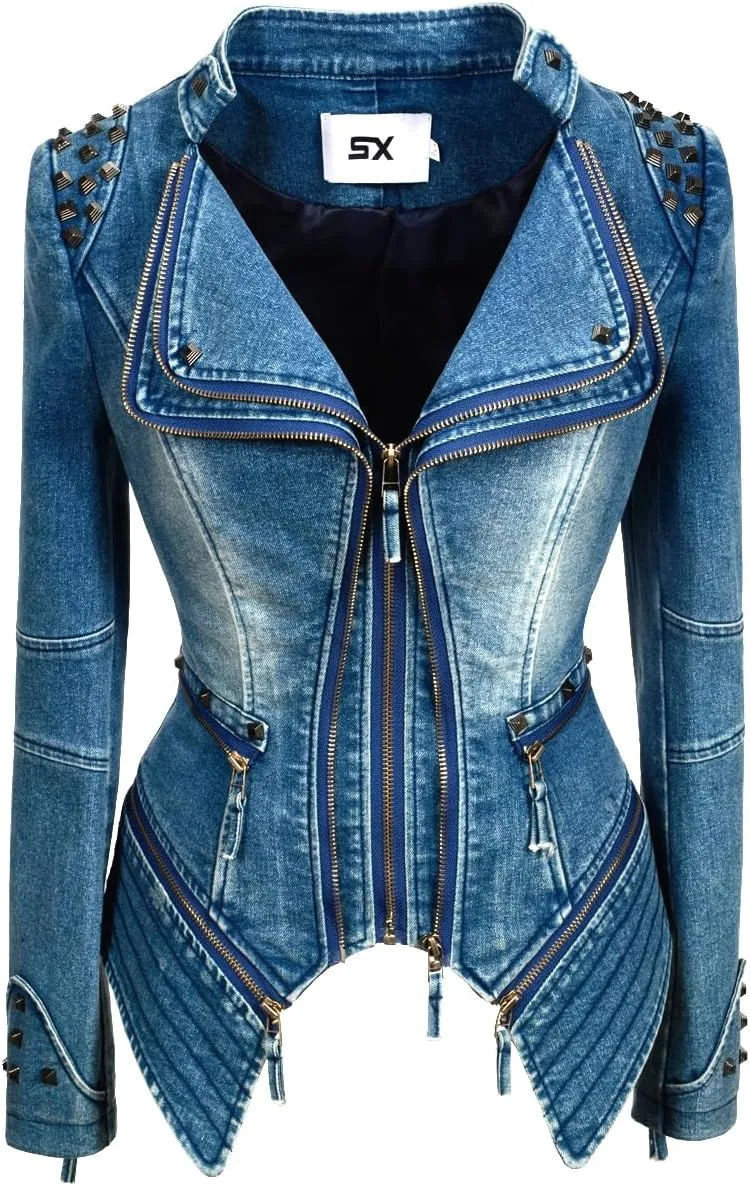 Fashion SX Womens Rivet Faux Leather Jacket Zipper Moto Biker Denim coat Motorcycle Outwear