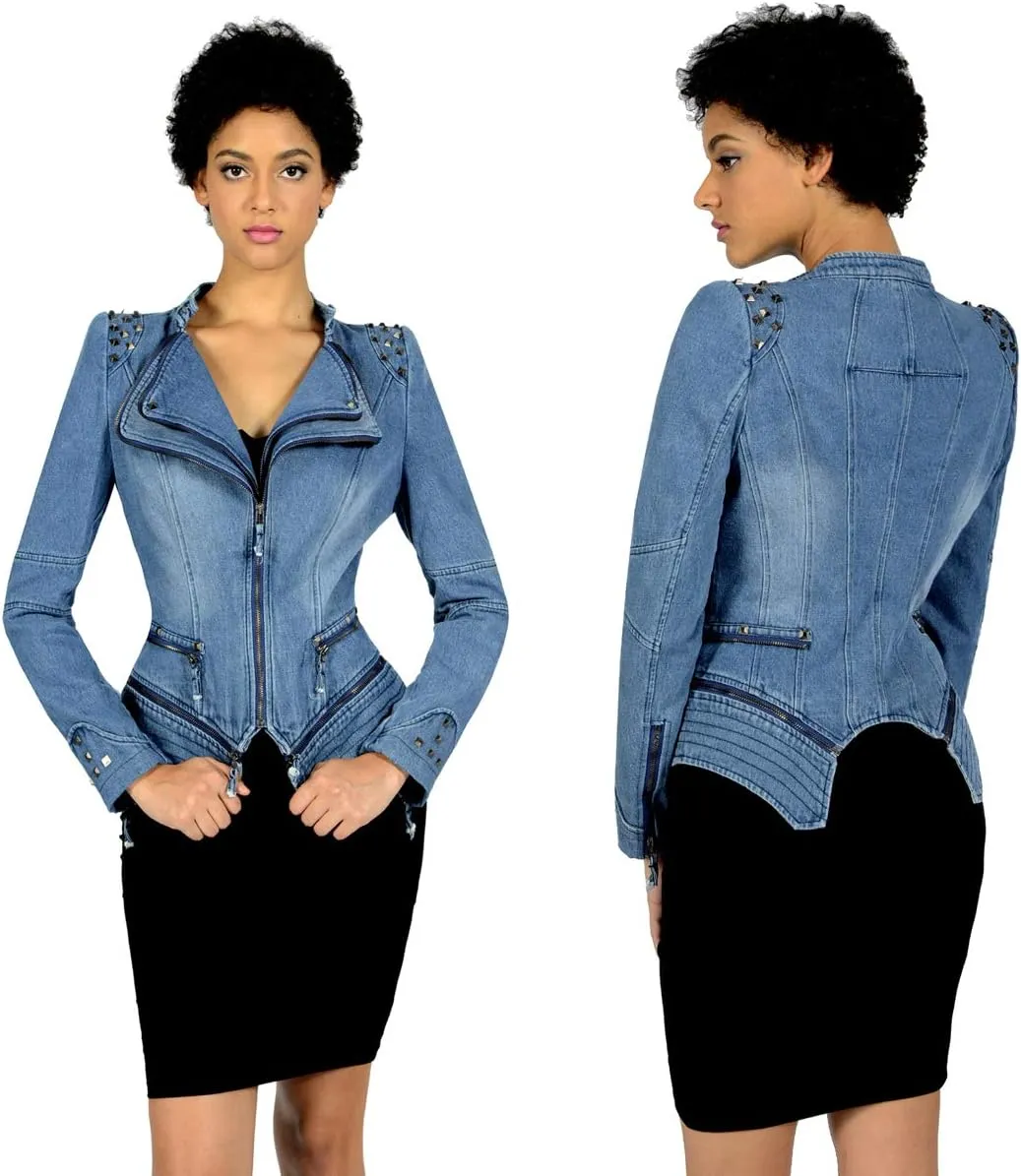 Fashion SX Womens Rivet Faux Leather Jacket Zipper Moto Biker Denim coat Motorcycle Outwear