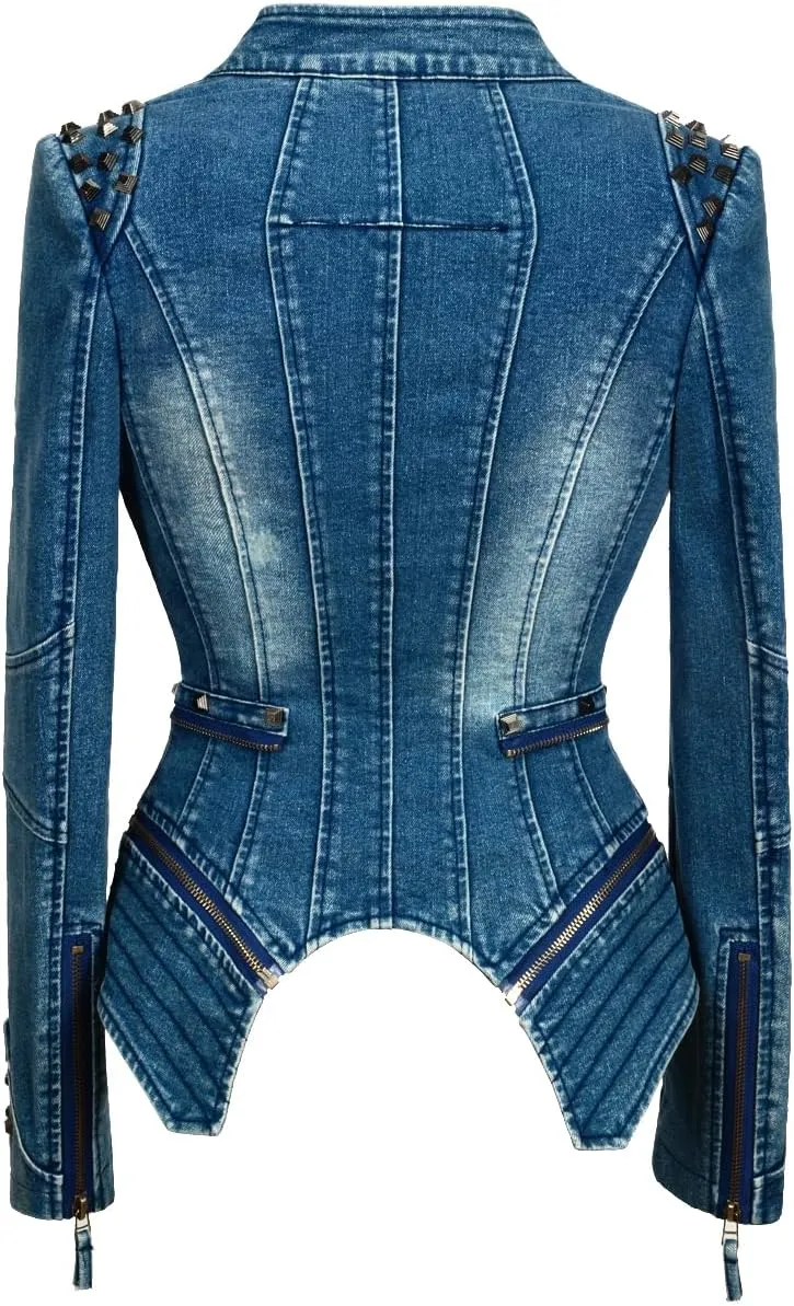 Fashion SX Womens Rivet Faux Leather Jacket Zipper Moto Biker Denim coat Motorcycle Outwear