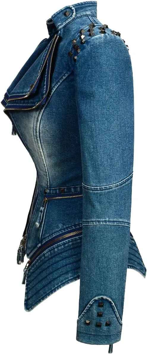 Fashion SX Womens Rivet Faux Leather Jacket Zipper Moto Biker Denim coat Motorcycle Outwear