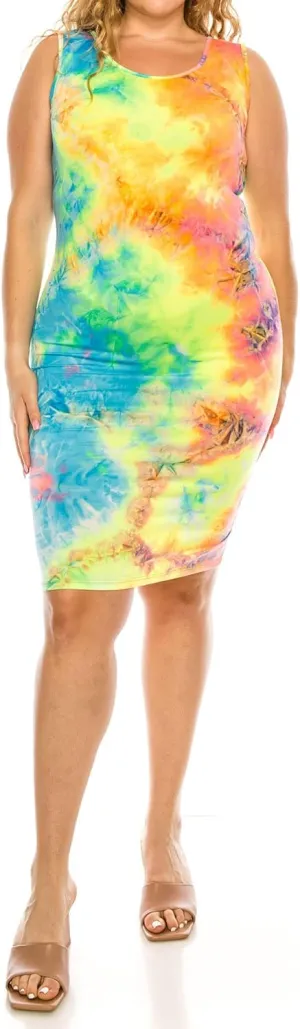 FashionStream Women's Plus Size Tie Dye Fitted Bodycon Scoop Neck Sleeveless Basic Cami Midi Dress