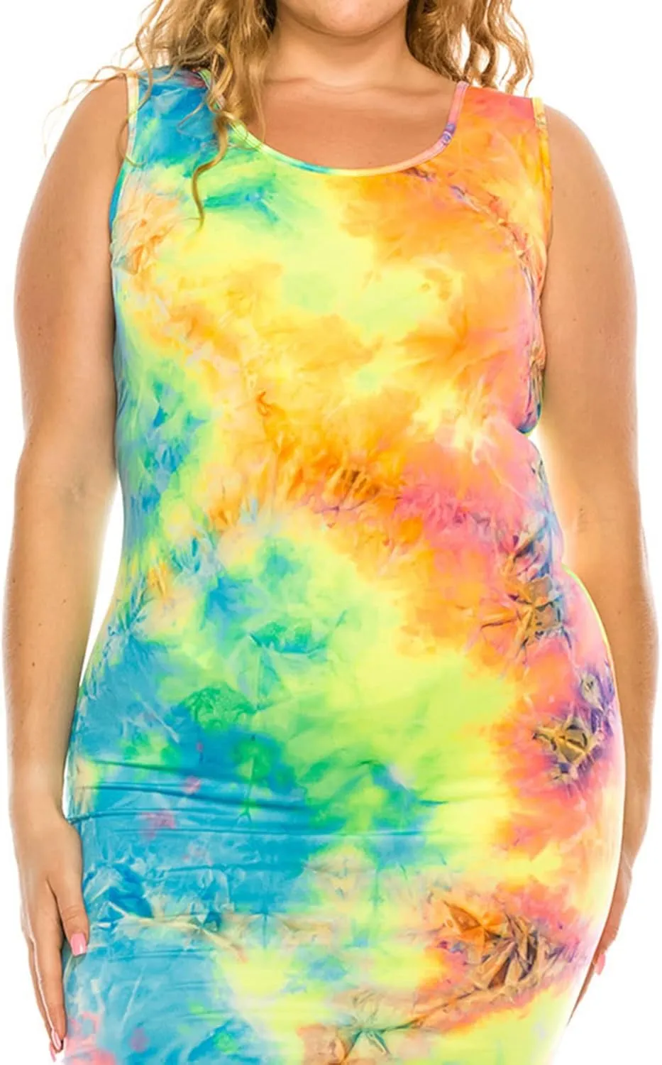 FashionStream Women's Plus Size Tie Dye Fitted Bodycon Scoop Neck Sleeveless Basic Cami Midi Dress