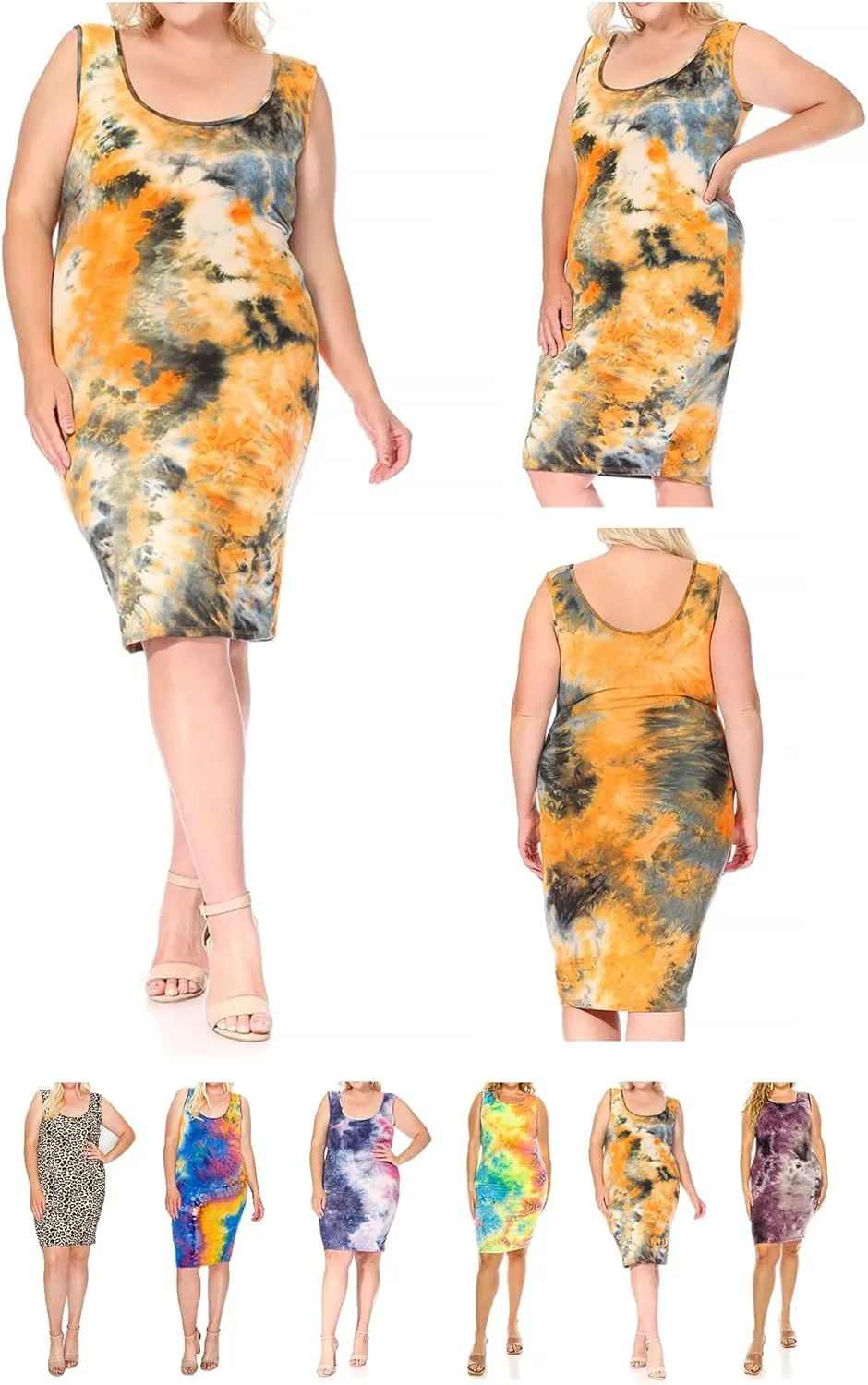 FashionStream Women's Plus Size Tie Dye Fitted Bodycon Scoop Neck Sleeveless Basic Cami Midi Dress