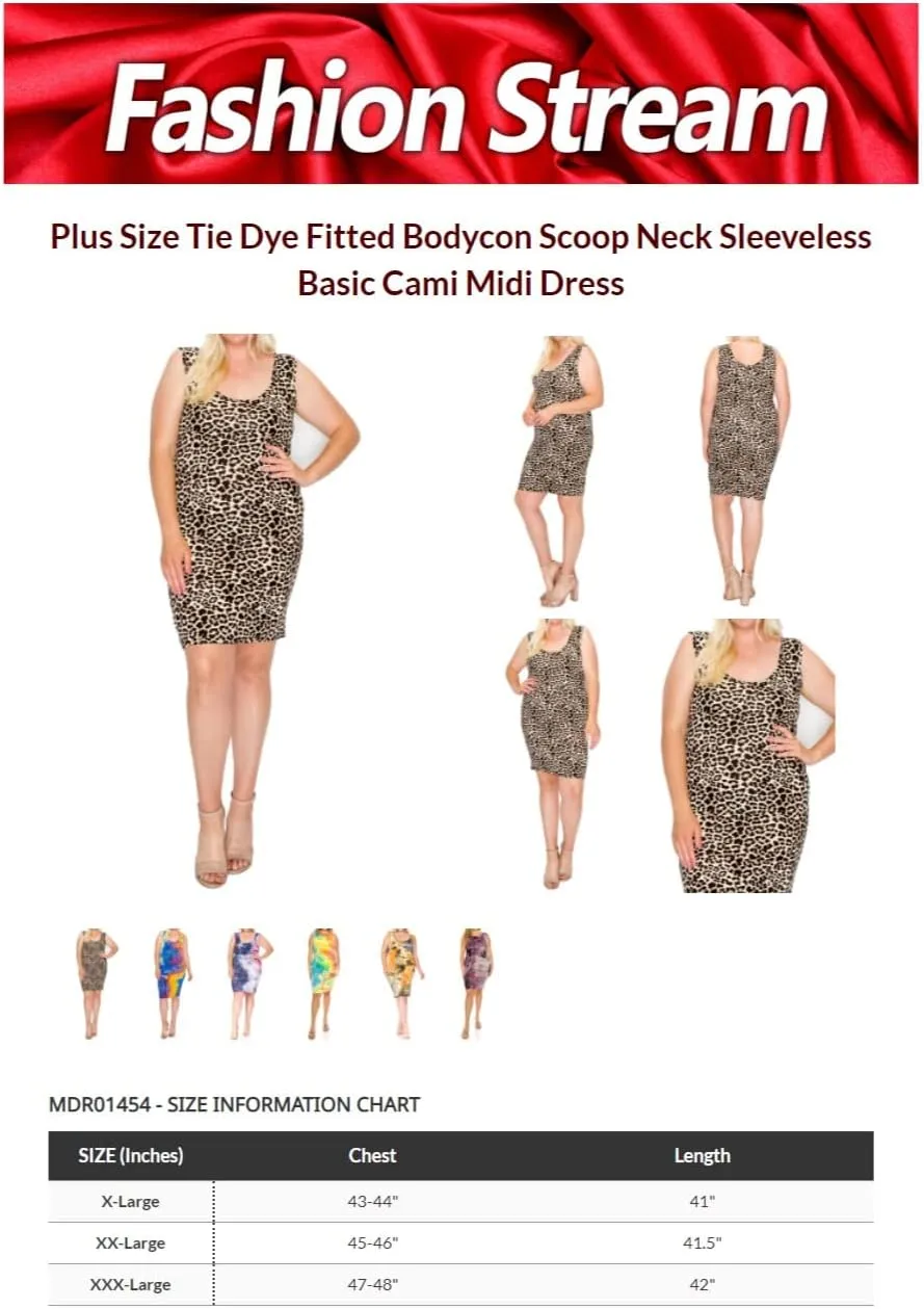 FashionStream Women's Plus Size Tie Dye Fitted Bodycon Scoop Neck Sleeveless Basic Cami Midi Dress