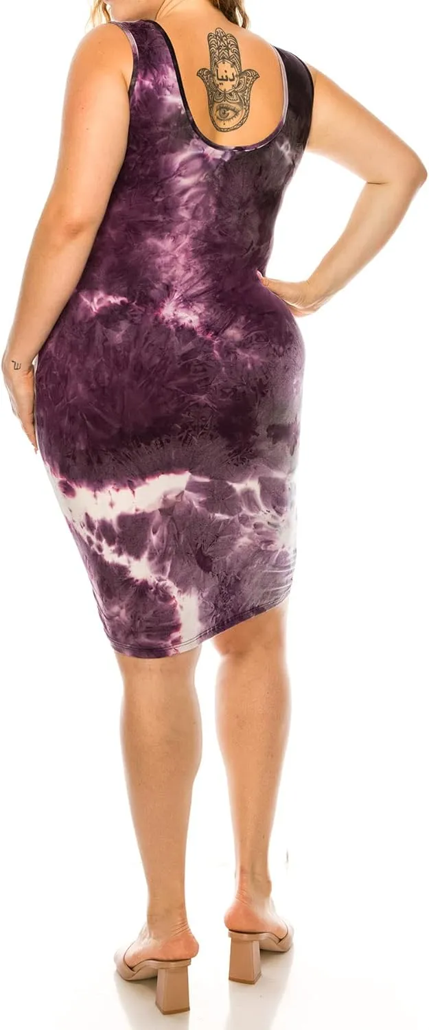 FashionStream Women's Plus Size Tie Dye Fitted Bodycon Scoop Neck Sleeveless Basic Cami Midi Dress