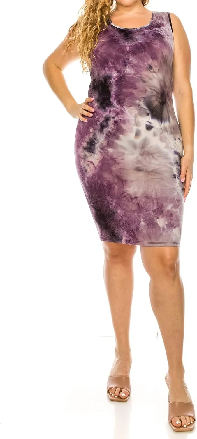FashionStream Women's Plus Size Tie Dye Fitted Bodycon Scoop Neck Sleeveless Basic Cami Midi Dress
