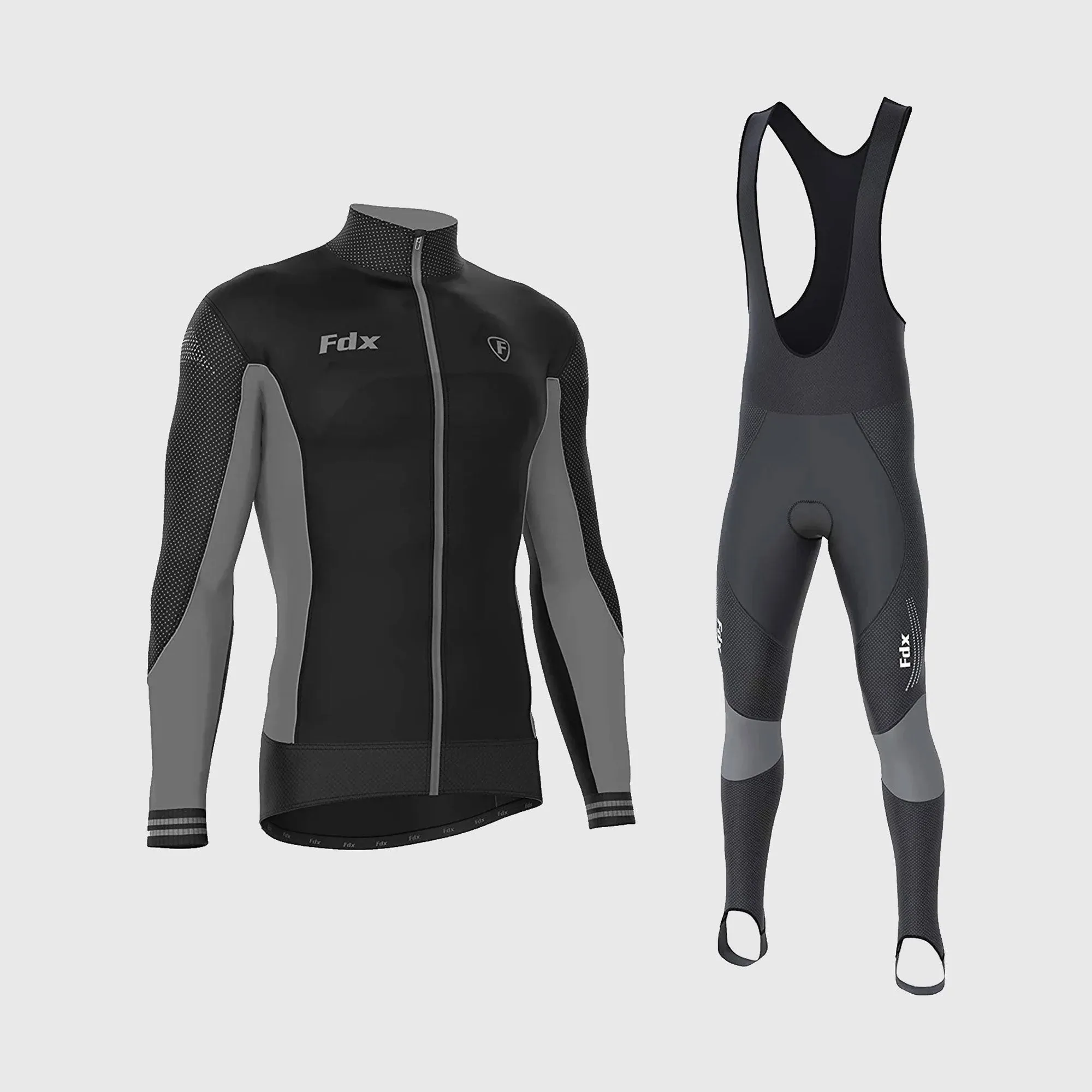 Fdx Men's Set Thermodream Thermal Roubaix Long Sleeve Cycling Jersey & Bib Tights - Grey