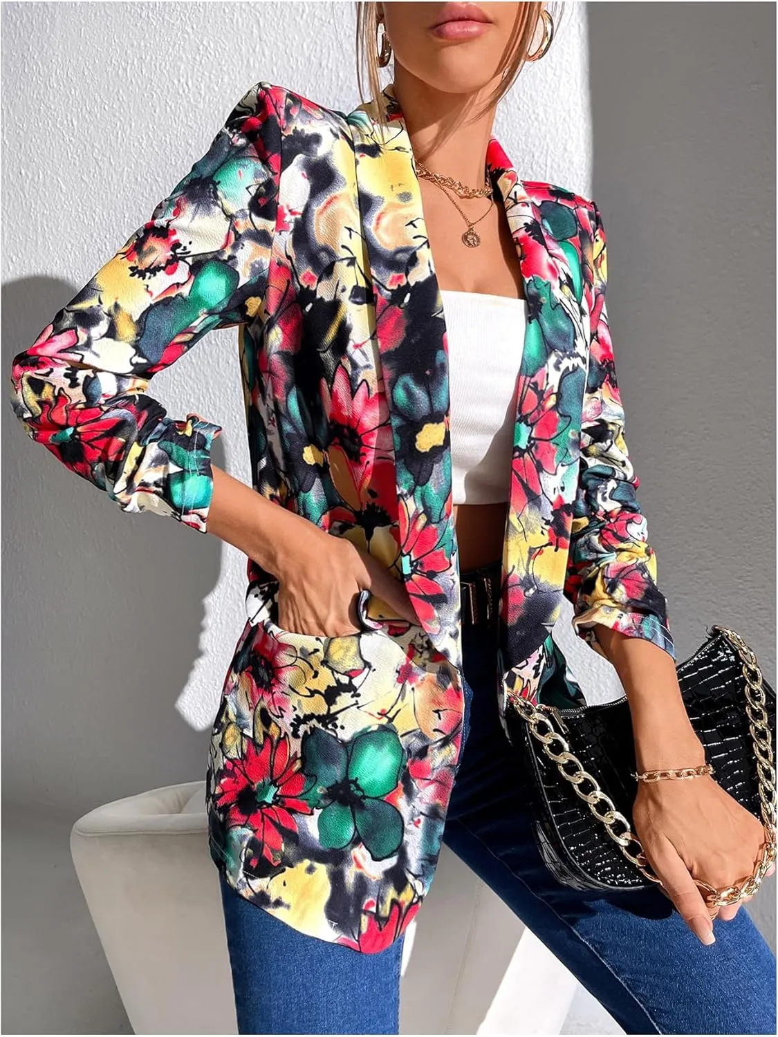 Floerns Women's Floral Print Shawl Collar Blazer Jacket Open Front Long Sleeve Blazer