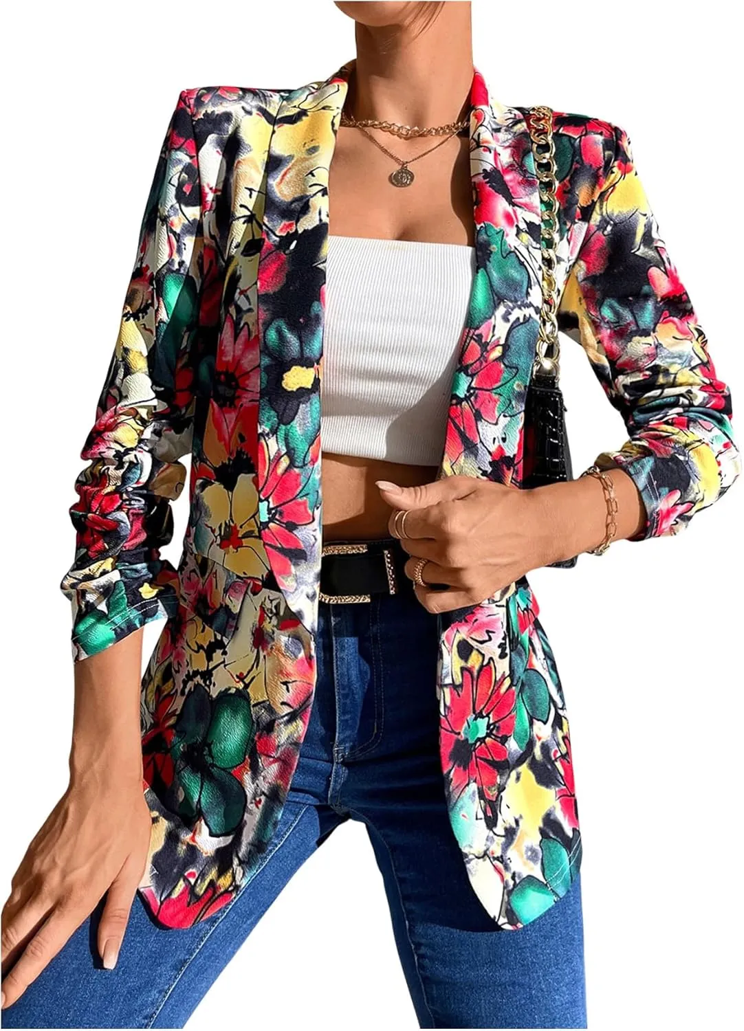 Floerns Women's Floral Print Shawl Collar Blazer Jacket Open Front Long Sleeve Blazer