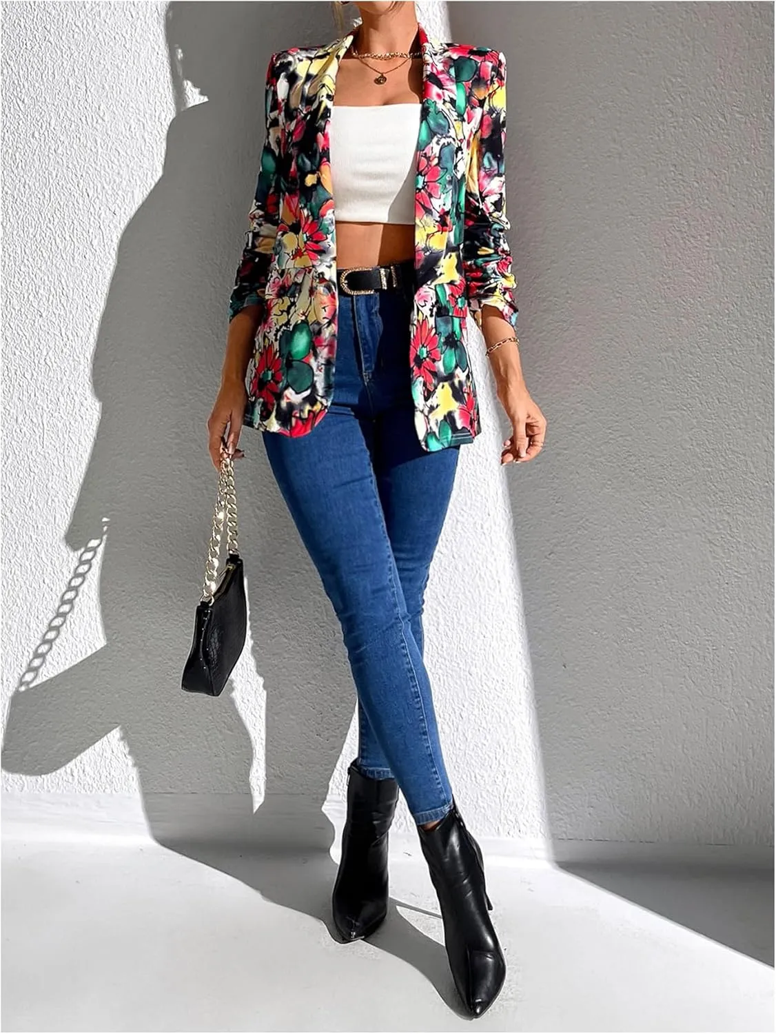 Floerns Women's Floral Print Shawl Collar Blazer Jacket Open Front Long Sleeve Blazer