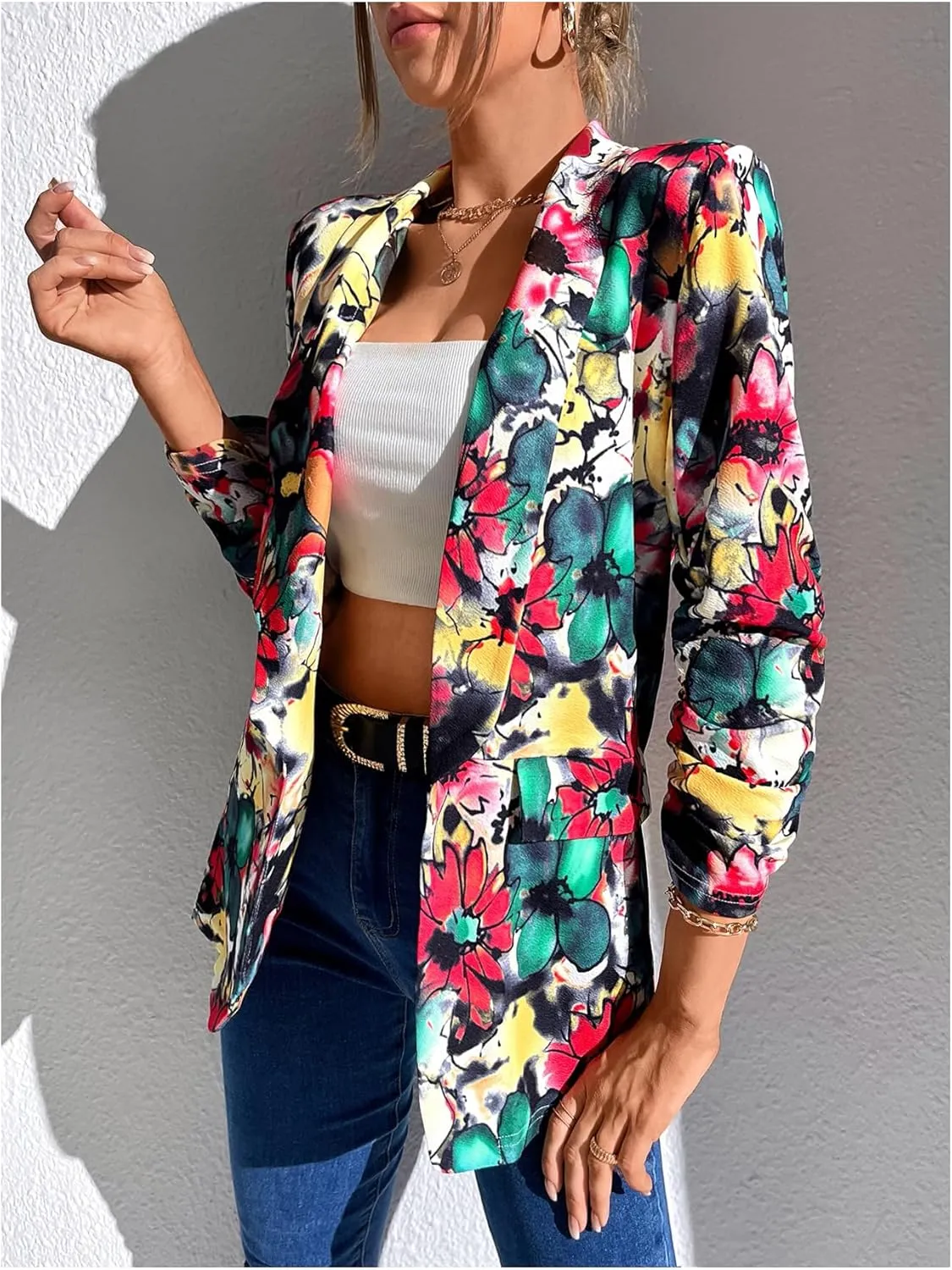 Floerns Women's Floral Print Shawl Collar Blazer Jacket Open Front Long Sleeve Blazer