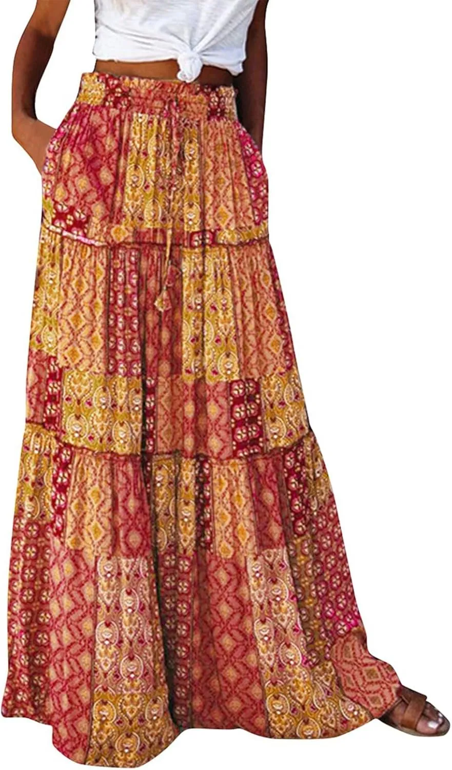 Floral Maxi Skirts for Women Summer Comfy High Waist Tie Paisley Print Maxi Skirt A-Line Long Skirts with Pockets