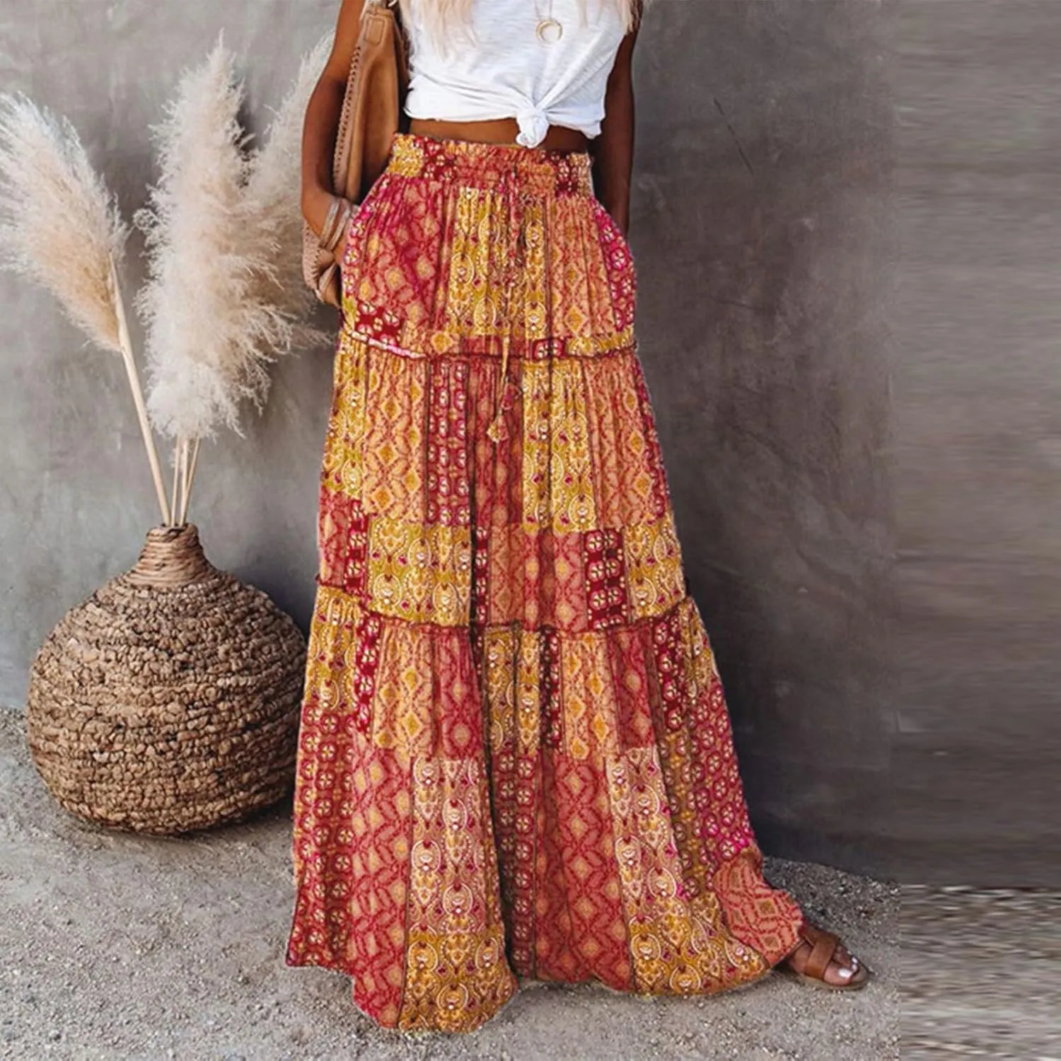 Floral Maxi Skirts for Women Summer Comfy High Waist Tie Paisley Print Maxi Skirt A-Line Long Skirts with Pockets