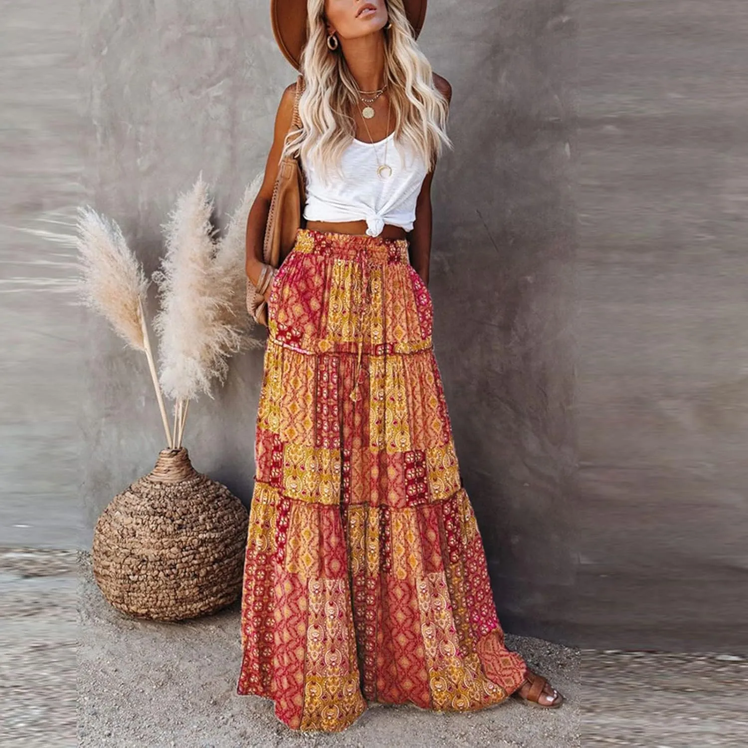 Floral Maxi Skirts for Women Summer Comfy High Waist Tie Paisley Print Maxi Skirt A-Line Long Skirts with Pockets