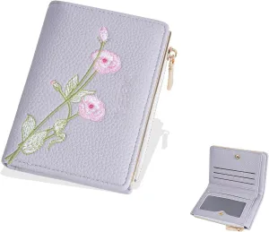 Floral Small Wallets Woman Cute Zipper Coin Purse Minimalist Credit Card Holder PU Leather Change Purse for Cash (Light Purple)