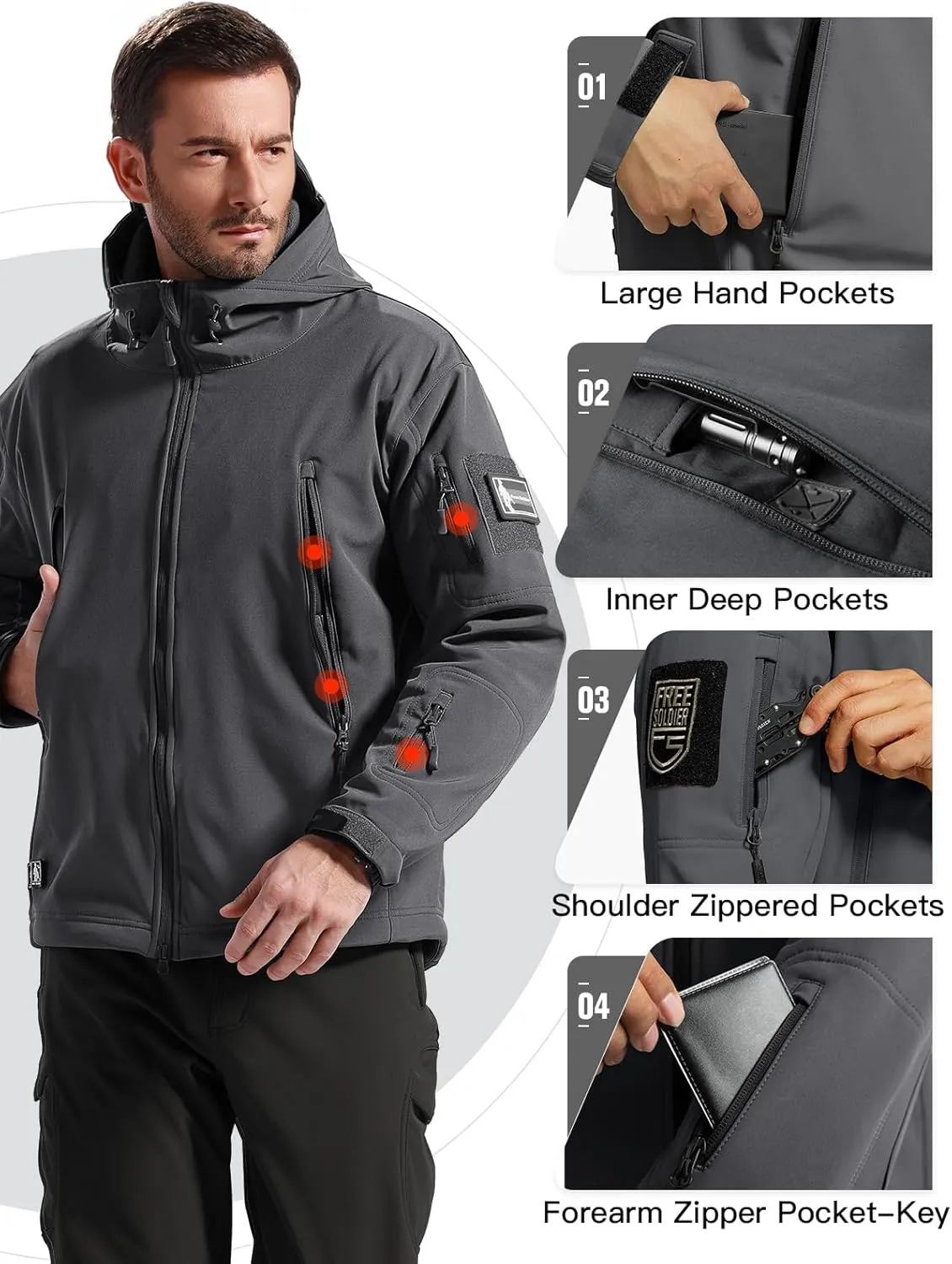 FREE SOLDIER Men's Outdoor Waterproof Soft Shell Hooded Military Tactical Jacket