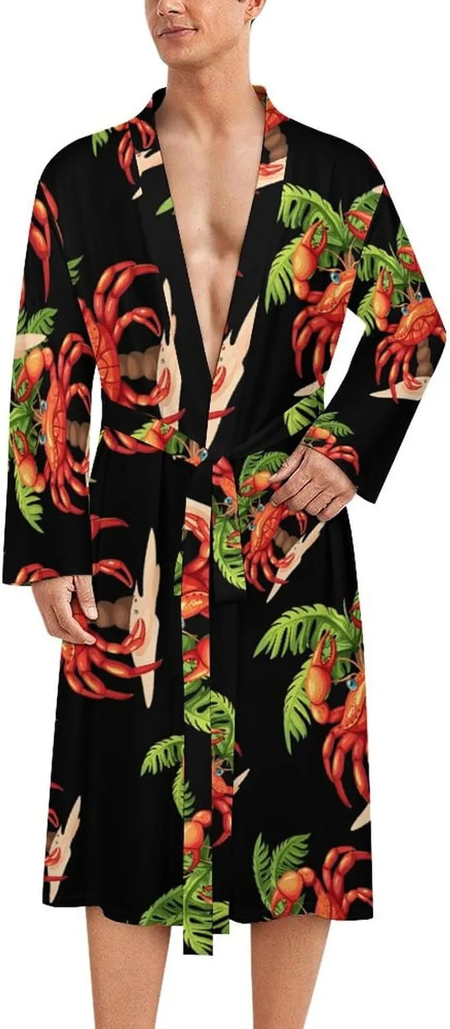 Funny Crab Men's Bathrobes Long Sleeve Loungewear Soft Sleepwear V Neck Nightgown