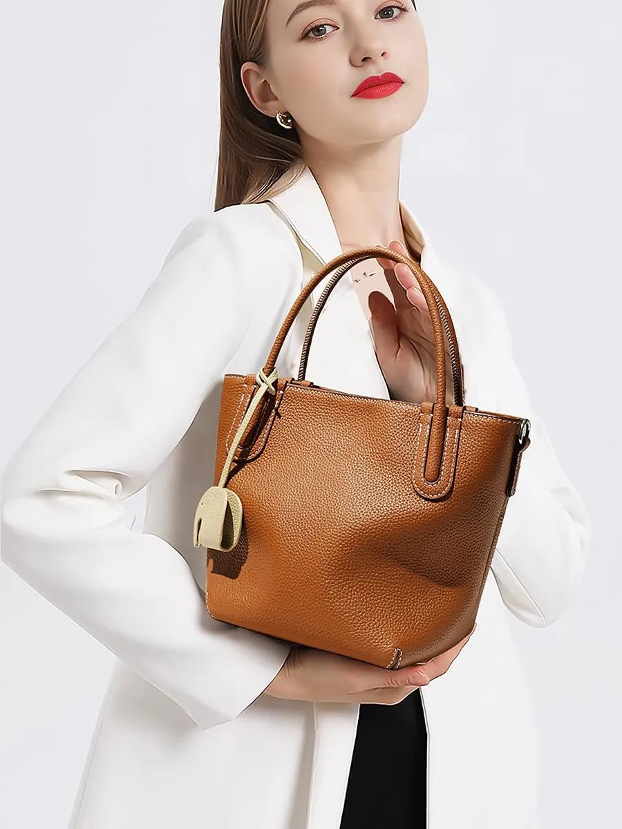 Genuine Togo Leather Top Handle Handbag Lychee Pattern Minimalist Crossbody Tote Bucket Bag Shoulder Bag Handbag Satchel