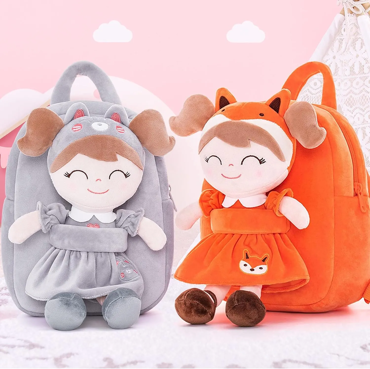 Gloveleya Cat Backpack Toddler Backpack Soft Plush Backpack with Plush Doll Gray