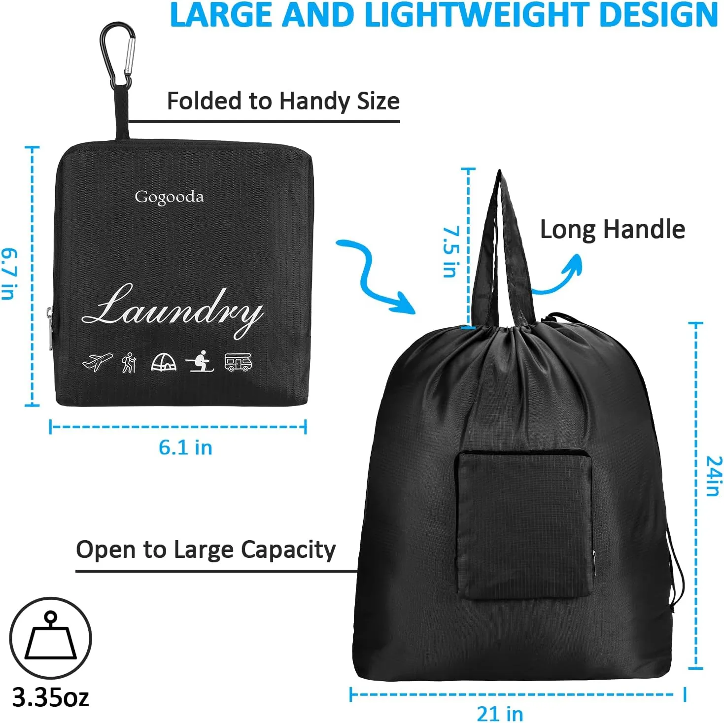 GOGOODA Travel Laundry Bags with Drawstring Closure XL Large Foldable Dirty Clothes bags with Handle Heavy Duty and Washable for College Dorm Travelling Camping, 2 Pack, Black
