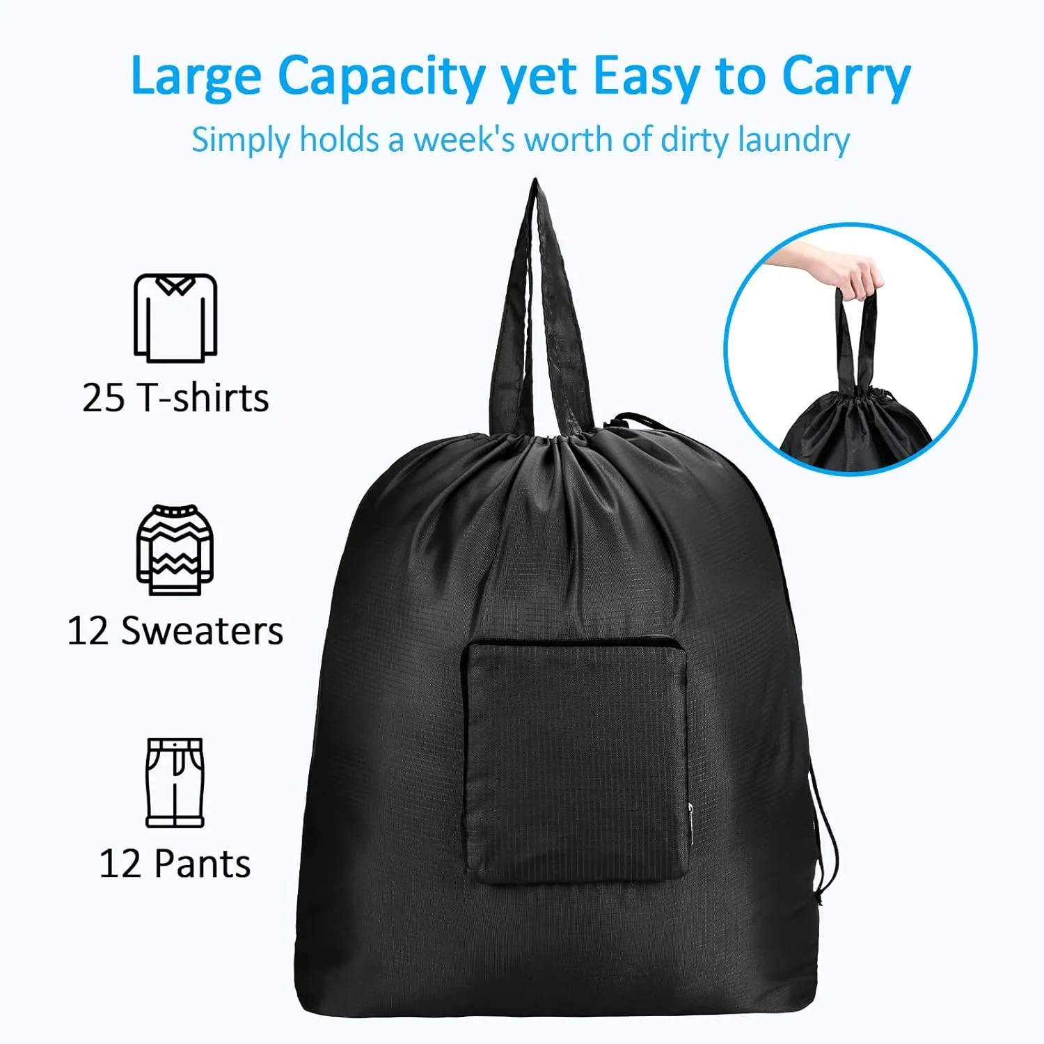 GOGOODA Travel Laundry Bags with Drawstring Closure XL Large Foldable Dirty Clothes bags with Handle Heavy Duty and Washable for College Dorm Travelling Camping, 2 Pack, Black