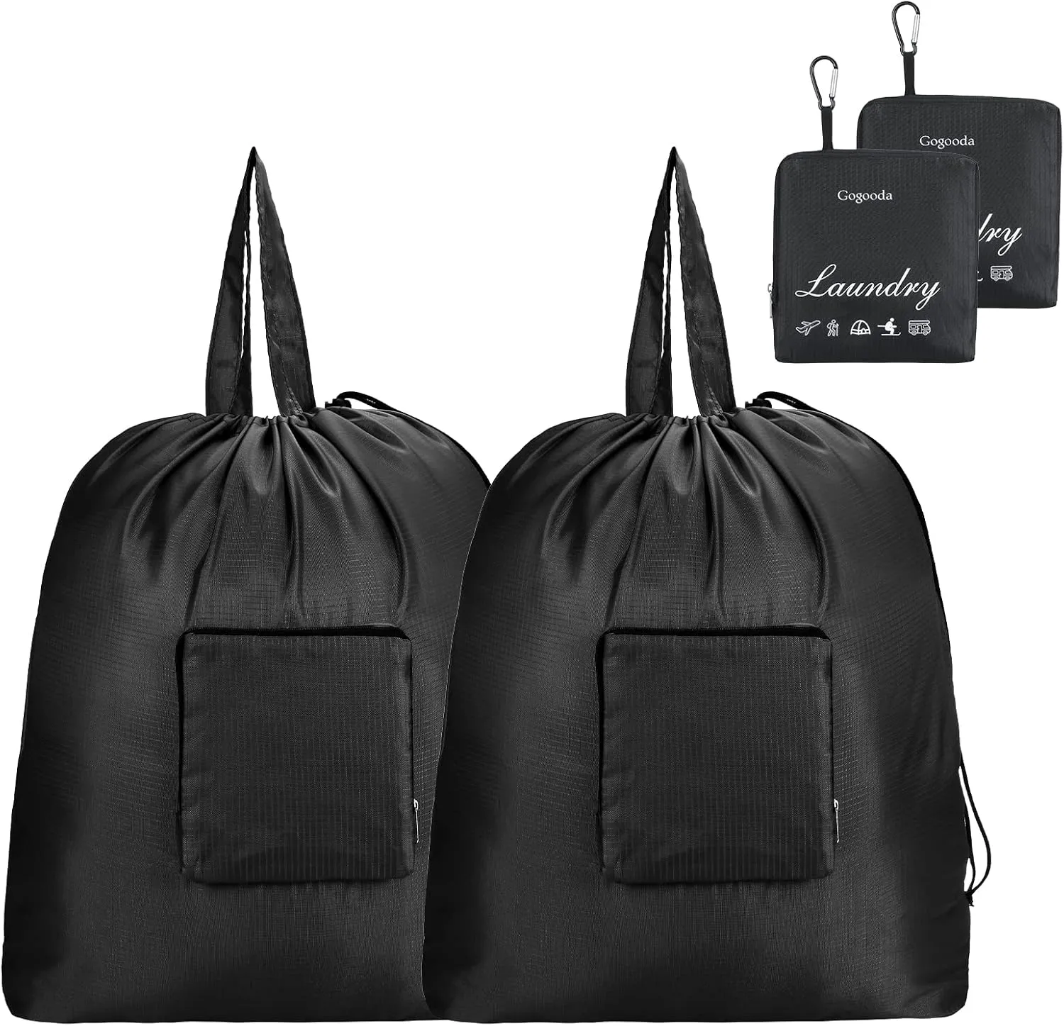 GOGOODA Travel Laundry Bags with Drawstring Closure XL Large Foldable Dirty Clothes bags with Handle Heavy Duty and Washable for College Dorm Travelling Camping, 2 Pack, Black