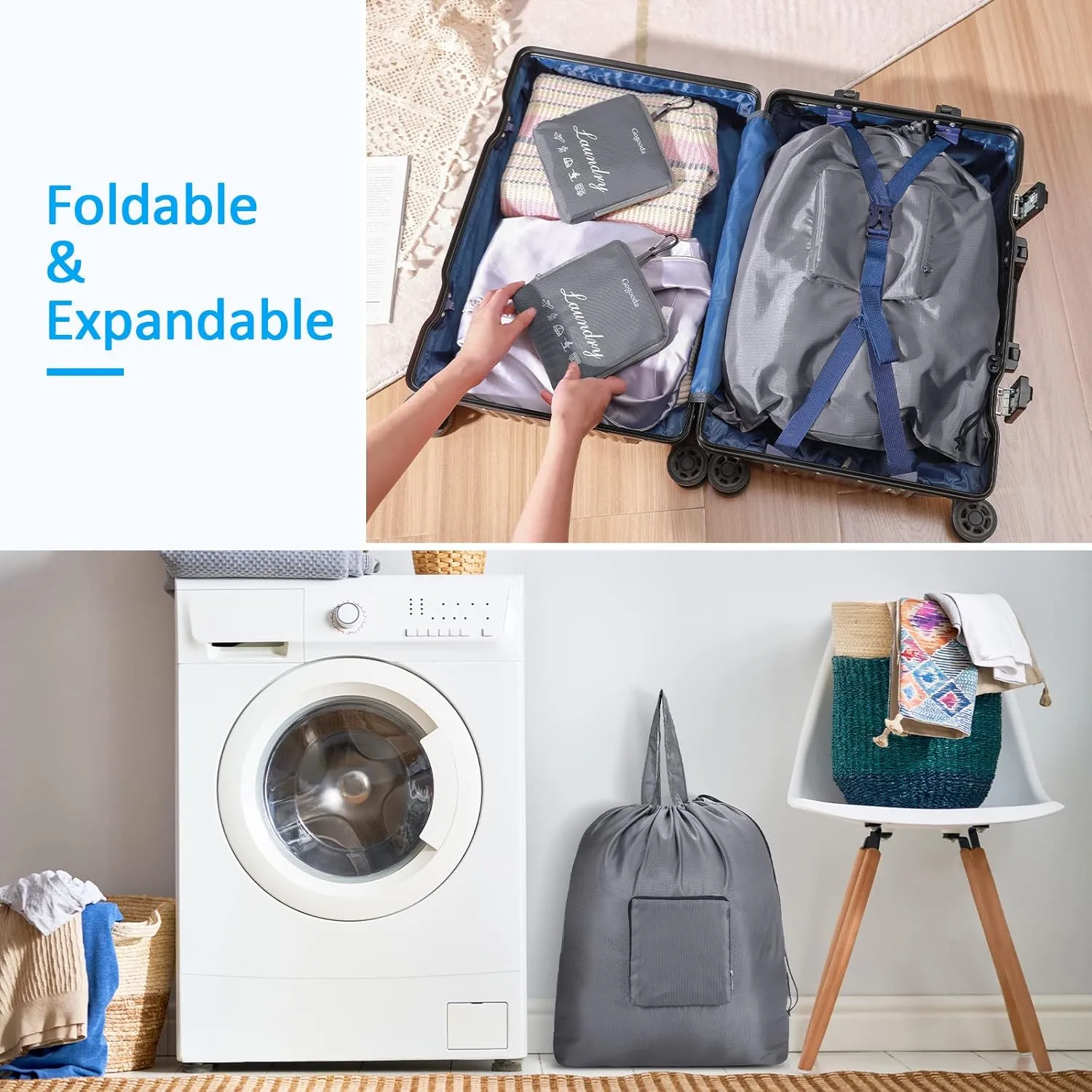 GOGOODA Travel Laundry Bags with Drawstring Closure XL Large Foldable Dirty Clothes bags with Handle Heavy Duty and Washable for College Dorm Travelling Camping, 2 Pack, Black