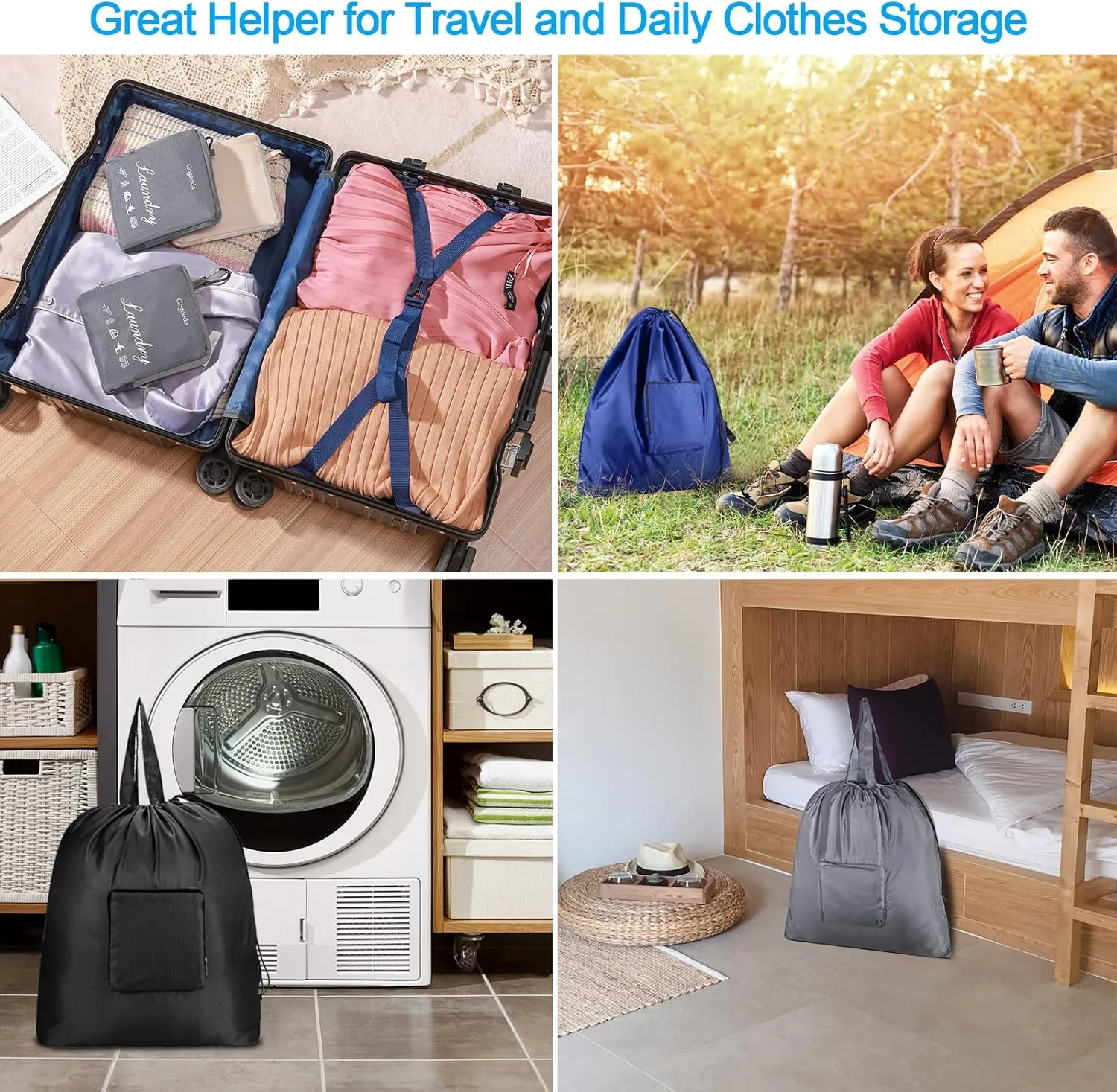 GOGOODA Travel Laundry Bags with Drawstring Closure XL Large Foldable Dirty Clothes bags with Handle Heavy Duty and Washable for College Dorm Travelling Camping, 2 Pack, Black