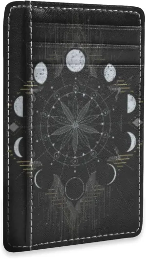 Golden Moon Phases Mystical Slim Minimalist Wallet Rfid Blocking Card Wallets PU Leather Front Pocket Wallets