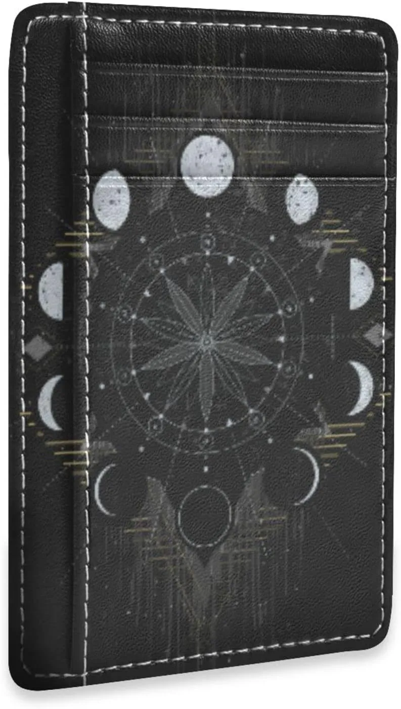 Golden Moon Phases Mystical Slim Minimalist Wallet Rfid Blocking Card Wallets PU Leather Front Pocket Wallets