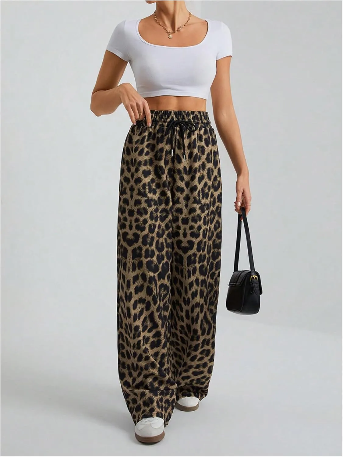 GORGLITTER Women's Leopard Print Pants Drawstring Elastic High Waist Wide Leg Sweatpants with Pocket