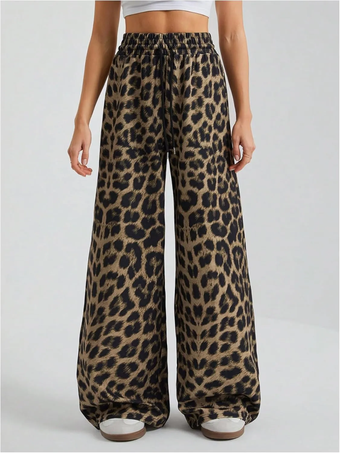 GORGLITTER Women's Leopard Print Pants Drawstring Elastic High Waist Wide Leg Sweatpants with Pocket