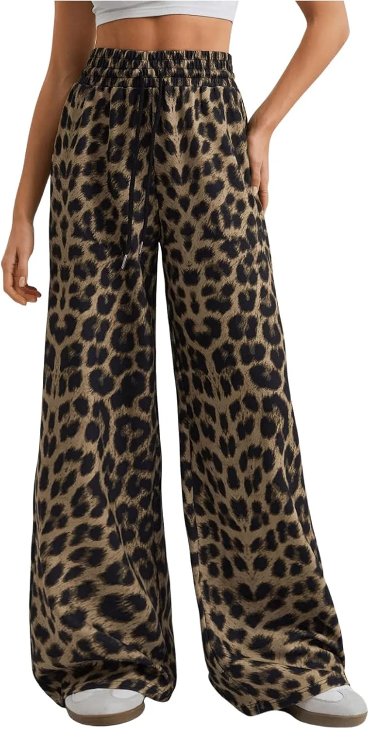 GORGLITTER Women's Leopard Print Pants Drawstring Elastic High Waist Wide Leg Sweatpants with Pocket