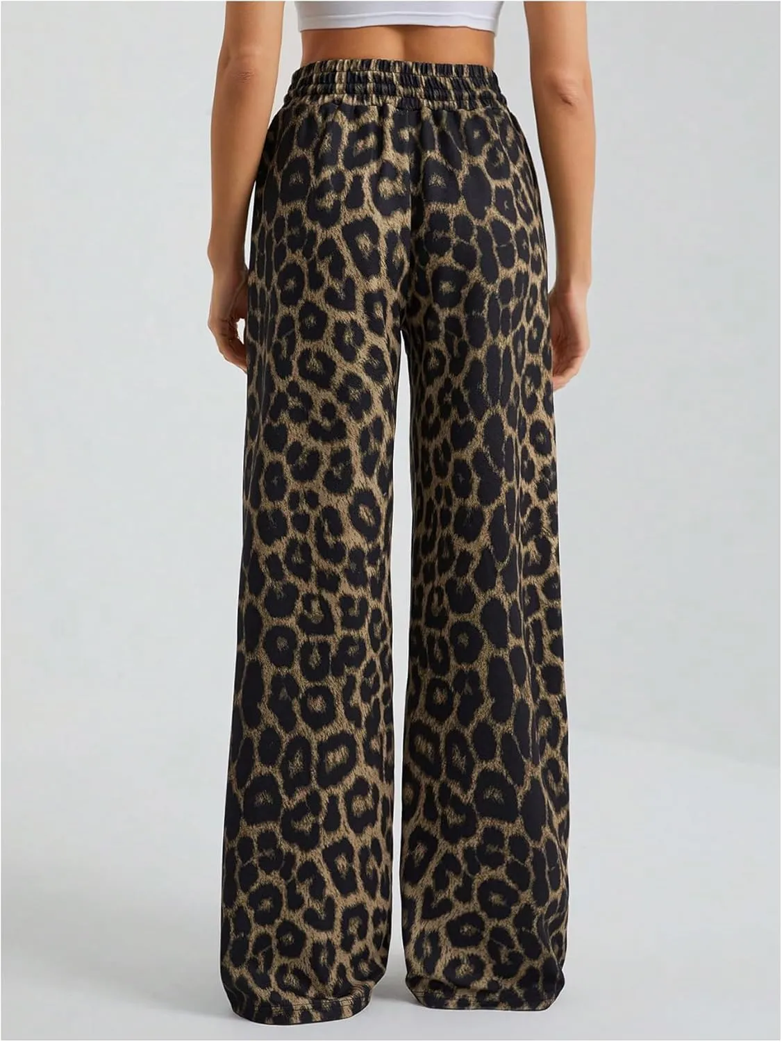 GORGLITTER Women's Leopard Print Pants Drawstring Elastic High Waist Wide Leg Sweatpants with Pocket