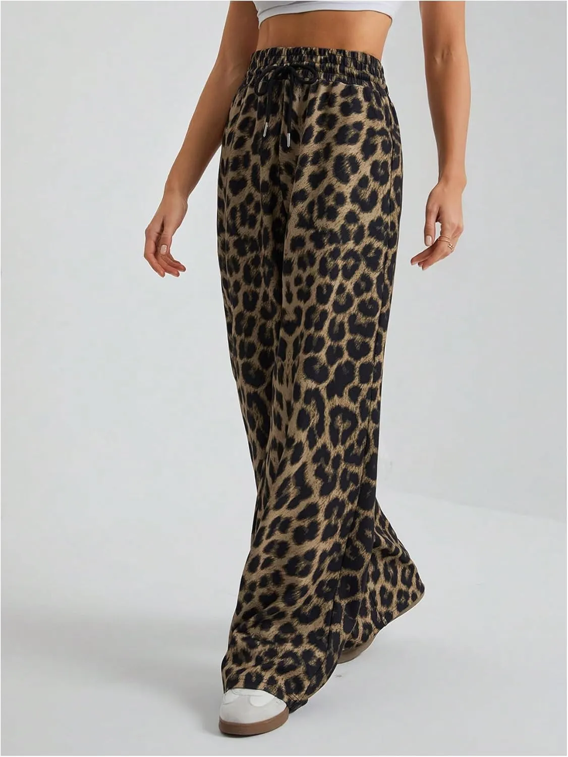 GORGLITTER Women's Leopard Print Pants Drawstring Elastic High Waist Wide Leg Sweatpants with Pocket