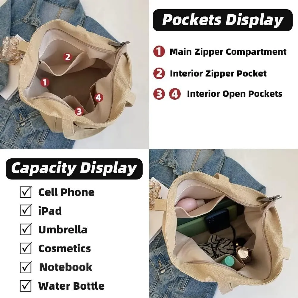 Handbag for Women Minimalist Canvas Bucket Bag Large Capacity Work Tote Bag Everyday Multi Pocket Shoulder Purse