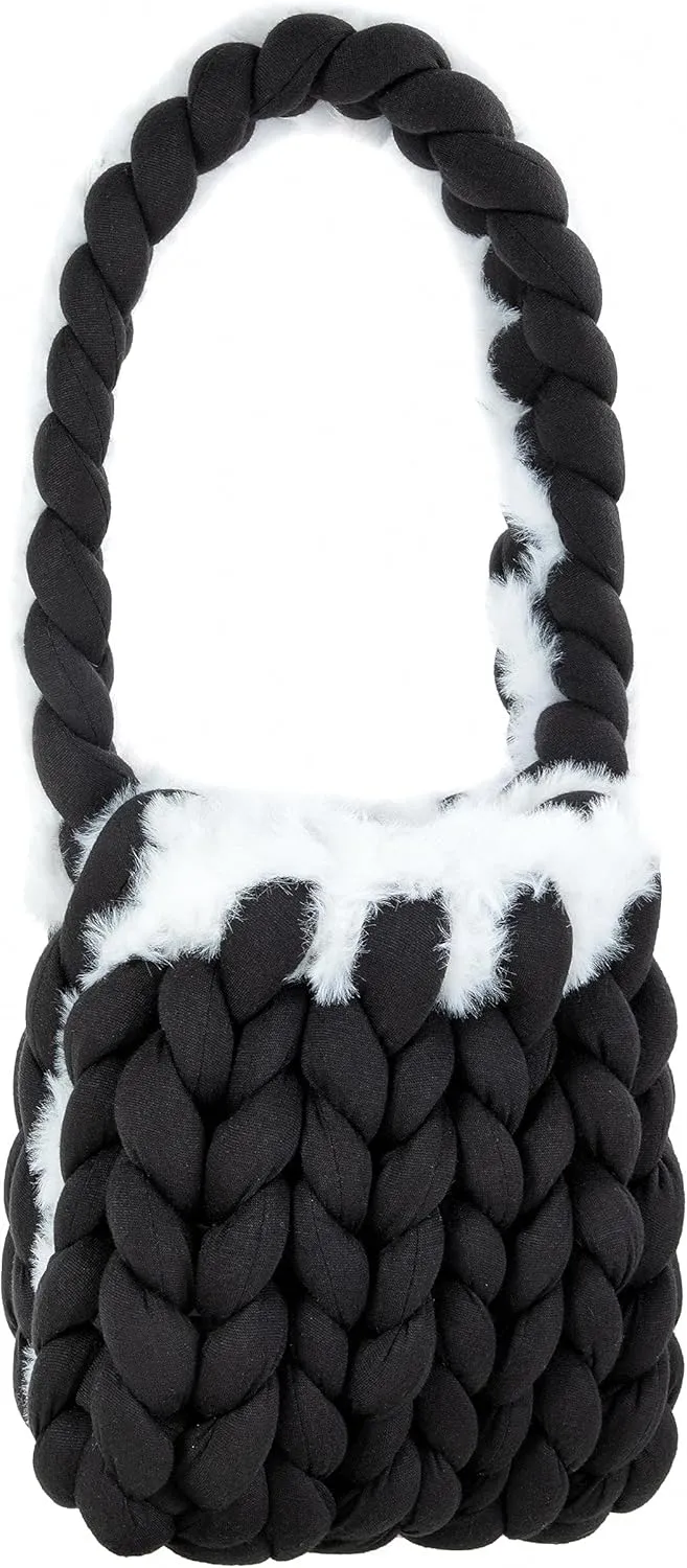 Handwoven Thick Cotton Knitted Bucket Bag with Fluffy Soft Small Shoulder Bag