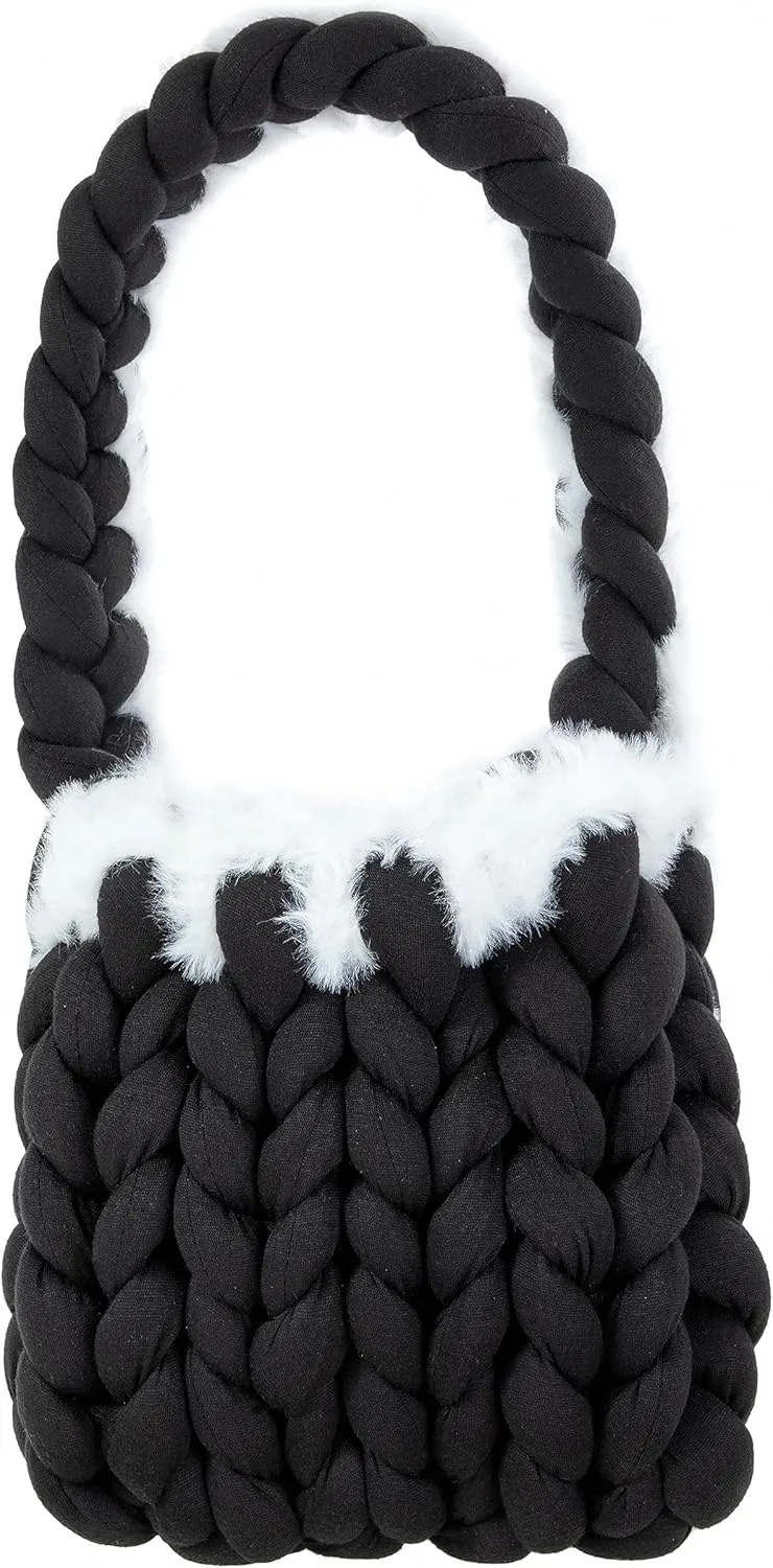 Handwoven Thick Cotton Knitted Bucket Bag with Fluffy Soft Small Shoulder Bag