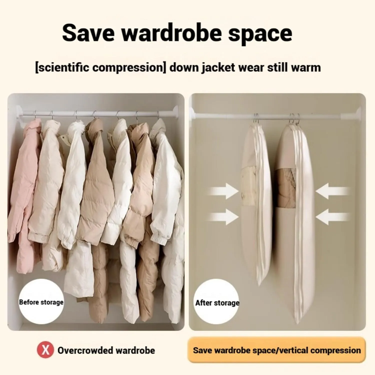 Hanging Garment Bag with Self Compression Zipper, Space Saver Closet Organizers, Coat Storage Bag, Dust Cover Clothes Bags for Down Coat, Garment Bag for Travel (M)