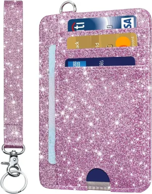 HOTCOOL Card Holder Keychian and Lanyard Wallet Front Pocket Minimalist Travel Cute Funny Thin Leather With RFID Blocking Small Credit Card Holder Wallet for Men & Women Girls Organizer Gifts