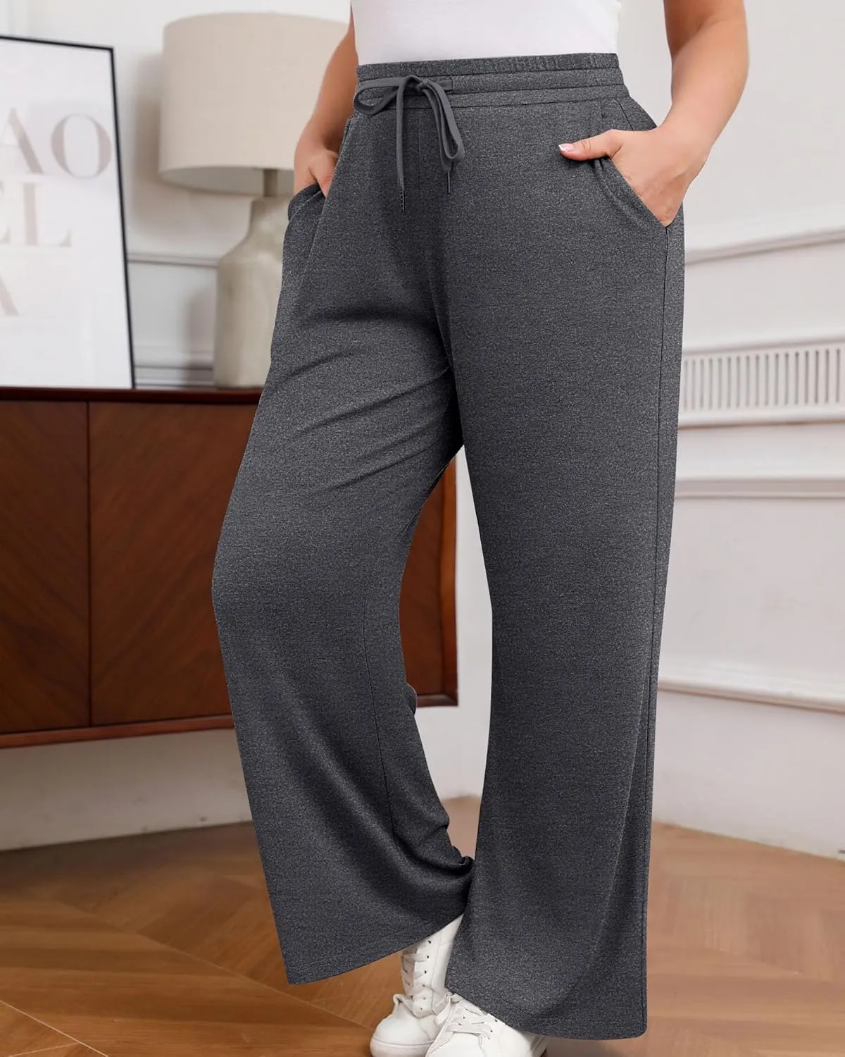 Huukeay 3 Pack Women's Plus Size Pants Wide Leg Yoga Pants Baggy Lounge Sweatpants with Pockets Drawstring High Waist Jogger