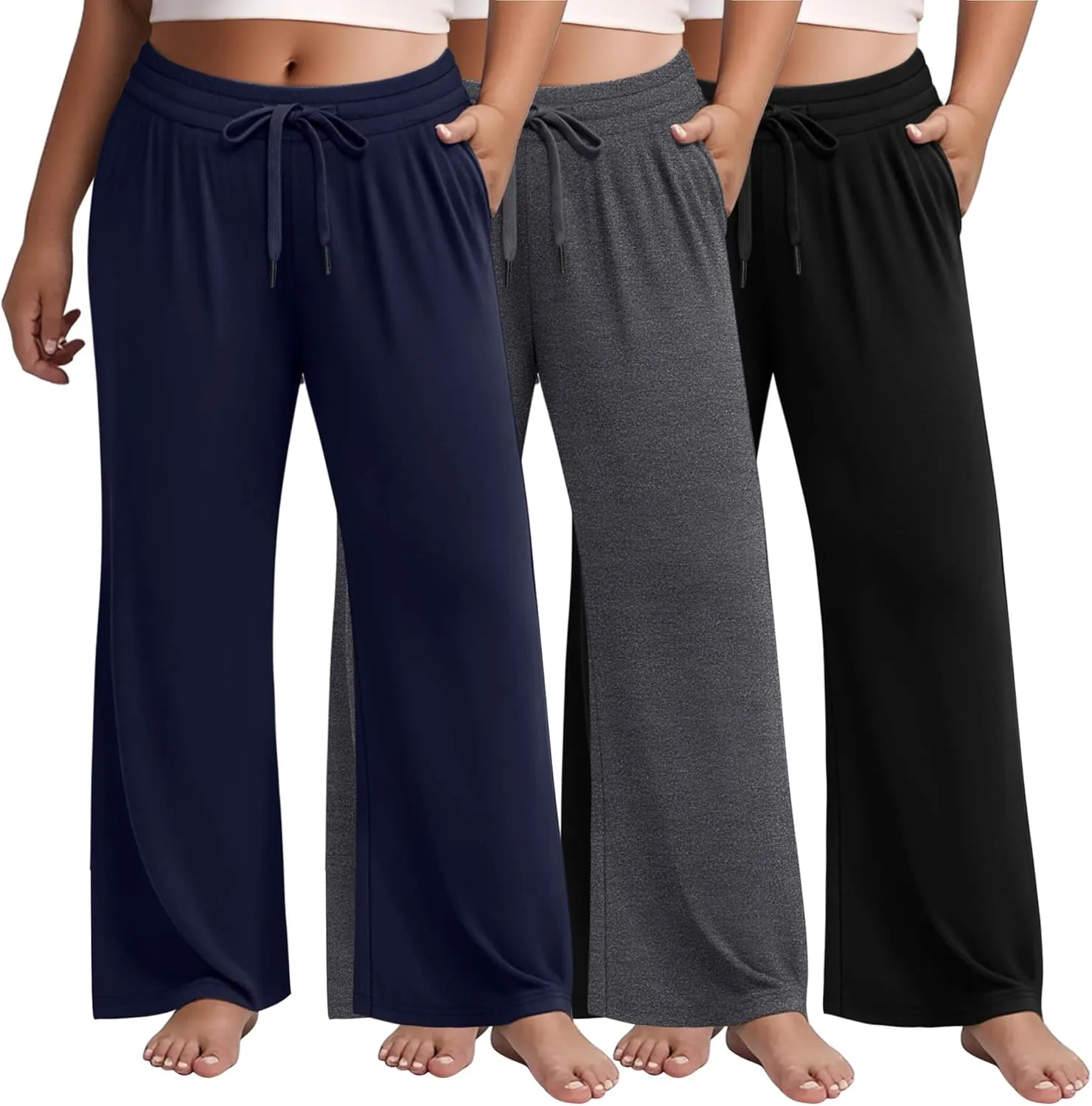 Huukeay 3 Pack Women's Plus Size Pants Wide Leg Yoga Pants Baggy Lounge Sweatpants with Pockets Drawstring High Waist Jogger
