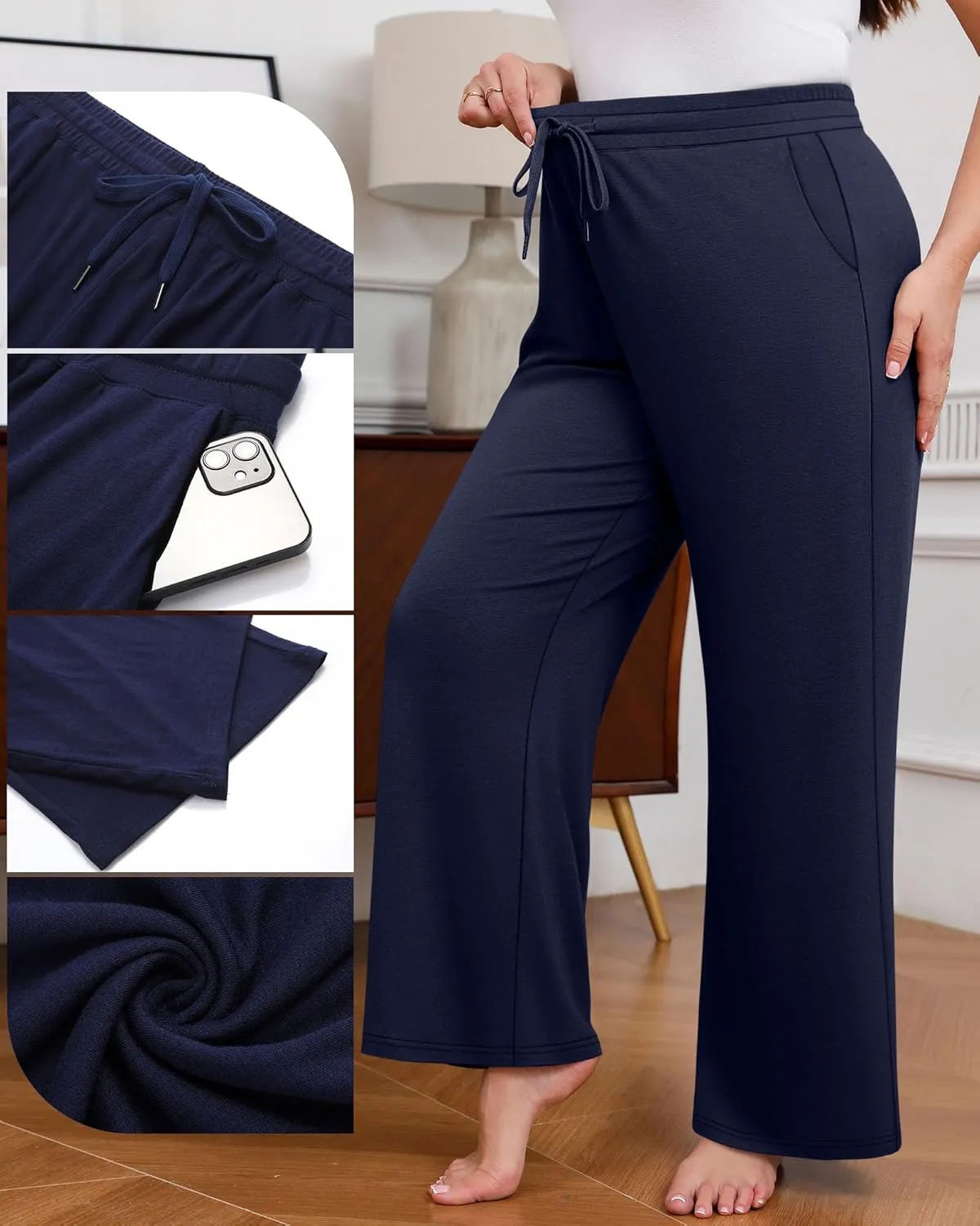 Huukeay 3 Pack Women's Plus Size Pants Wide Leg Yoga Pants Baggy Lounge Sweatpants with Pockets Drawstring High Waist Jogger